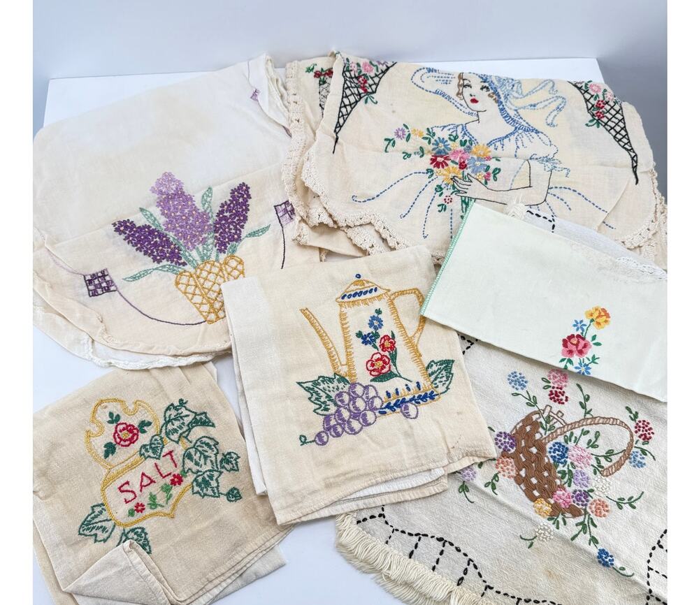 Vintage Embroidered Kitchen Towels Table Runners Cottage Linens Staining